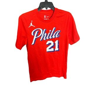 NEW Jordan Brand Philadelphia 76ers Joel Embiid Red Short Sleeve Cotton Men’s XS